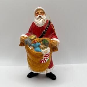 Vintage Plastic Santa Ornament 6 inch Toy Bags Teddy Bear White Beard Stocking